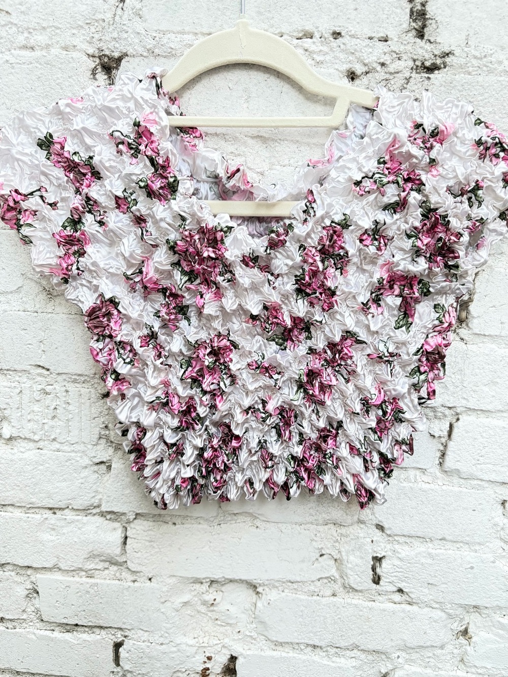 Smocked White Crop Top with Pink Floral Accents - Picture 1 of 2